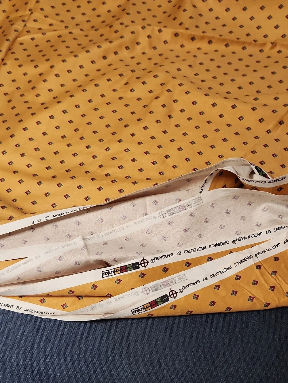 Mustard Yellow Diamond Print Fabric Screen Print By Jacklyn Nash Vintage 6.5  yr